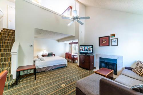 a hotel room with a bed and a fireplace at Metro Phoenix Loft sleeps 6 in Phoenix