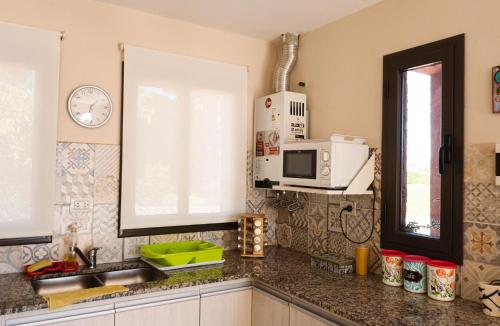 eine Küche mit einer Spüle und einer Mikrowelle in der Unterkunft Bella Vista Casa con pileta y terraza in Villa Carlos Paz