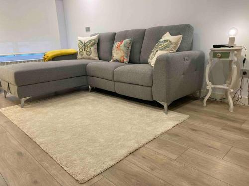 a grey couch in a living room with a rug at Apartamento a 100metros de la playa de San Lorenzo in Gijón