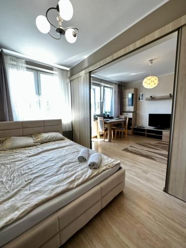 een slaapkamer met een bed en een grote spiegel bij Sopot Sea Apartments in Sopot