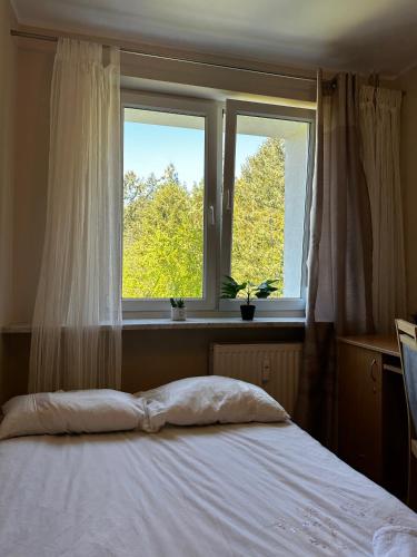 een bed in een slaapkamer met 2 ramen bij Sopot Sea Apartments in Sopot
