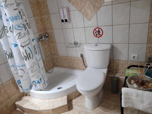 uma casa de banho com um WC, uma banheira e uma cortina de chuveiro em MarGe Apt em Arta