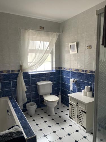 a blue and white bathroom with a toilet and a sink at Hillside House- Pine View in Ballinamuck