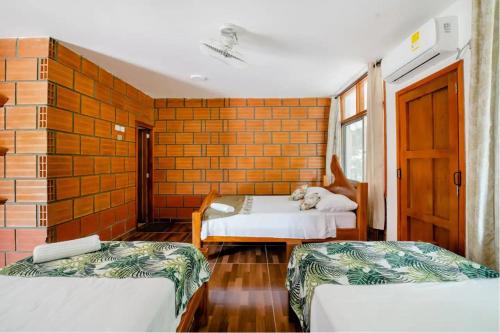 a room with two beds and a dog laying on them at Arca Tayrona Restaurant & Hostal in Santa Marta