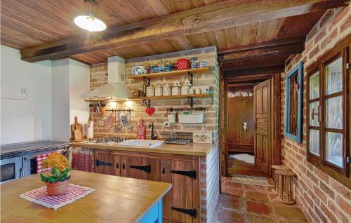 a kitchen with wooden walls and a brick wall at 5 Bedroom Awesome Home In Novi Marof in Novi Marof