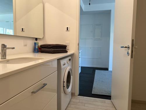 uma casa de banho com um lavatório e uma máquina de lavar roupa em Luxury Waterfront Apartment em Berlim
