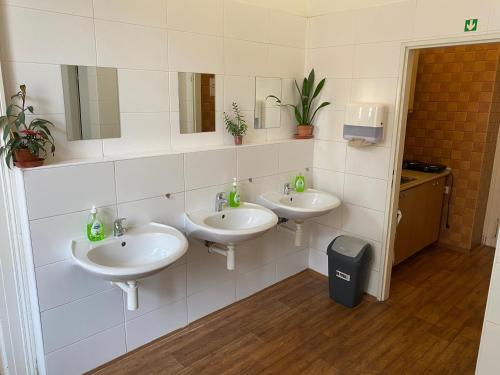 a bathroom with two sinks and two mirrors at Hostel EMMA in Prague