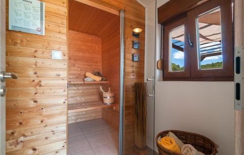 La salle de bains est pourvue d'une douche et d'un mur en bois. dans l'établissement Cozy Home In Mudri Dolac With Kitchen, à Basina