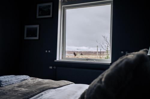 a bedroom with a window with a view of the beach at Golden Circle Luxury Cottages Lake View in Selfoss