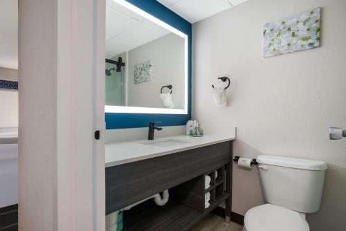 a bathroom with a sink and a toilet and a mirror at Best Western Bordentown Inn in Bordentown