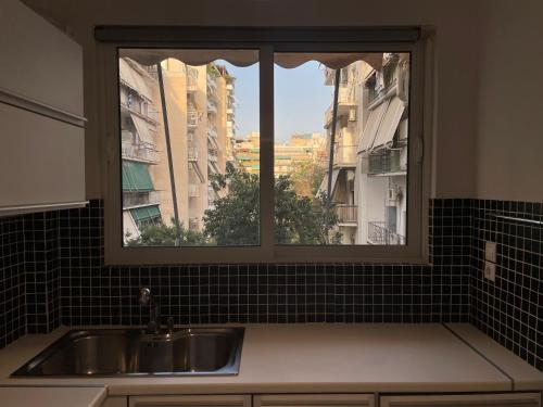 アテネにあるTraveller's Choice Attikiの窓付きのキッチン(シンク付)