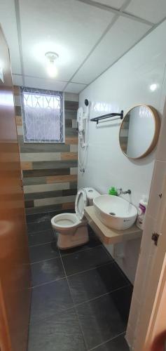 亞庇的住宿－Starry night homestay，一间带卫生间、水槽和镜子的浴室