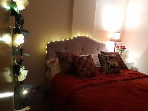 sypialnia z łóżkiem z czerwoną kołdrą i poduszkami w obiekcie TeriTara w mieście Čačak