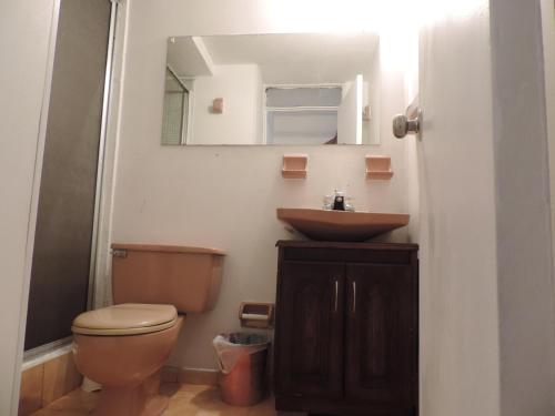 ein Badezimmer mit einem WC, einem Waschbecken und einem Spiegel in der Unterkunft APARTAMENTO COMODO NORMANDIA in Bogotá