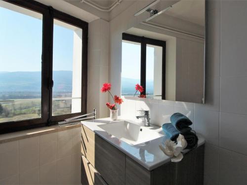 uma casa de banho com um lavatório e um espelho em Scenic apartment in Santa Giustina with shared garden em Santa Giustina
