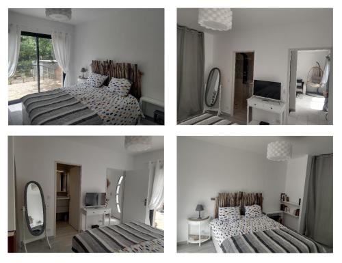 - trois photos d'une chambre avec deux lits et un miroir dans l'établissement villa bois flottés, au Le Verdon-sur-Mer