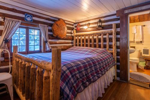 una camera con un letto in una baita di tronchi di Pioneer Guest Cabins a Crested Butte