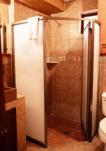 a bathroom with a shower and a toilet at Hotel Casa Pereyra in Oaxaca City