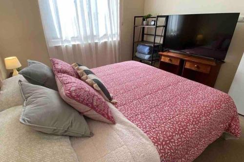 um quarto com uma cama com um edredão rosa e uma televisão em Bonito y acogedor departamento em Los Ángeles