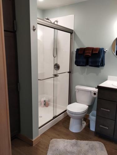 a bathroom with a toilet and a glass shower at Dockside Cabin - Homer Seaplane Base in Homer