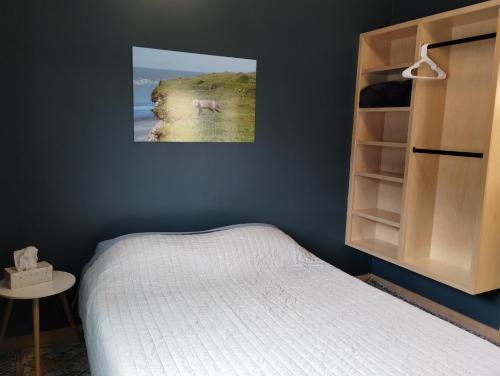 a bedroom with a bed and a book shelf at Dockside Cabin - Homer Seaplane Base in Homer