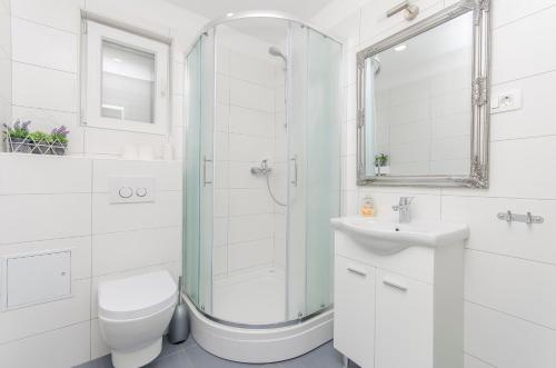 a bathroom with a shower and a toilet and a sink at Apartment Oblutak in Brodarica