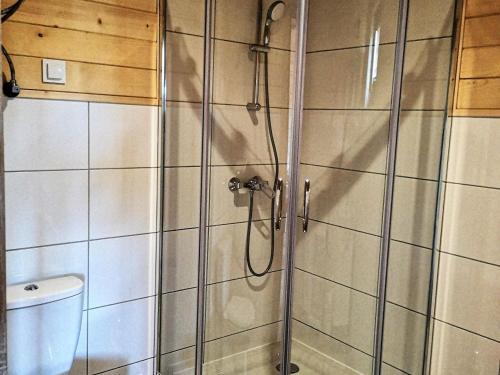 a shower stall in a bathroom with a toilet at Comfortable holiday homes for 7 people, Niechorze in Niechorze