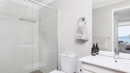 a bathroom with a shower and a toilet and a sink at Aura 2 apartment with Spectacular Views in Shoal Bay