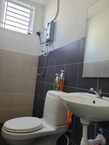 ein Badezimmer mit einem WC, einem Waschbecken und einem Spiegel in der Unterkunft Ana Homestay D'Airport in Malakka