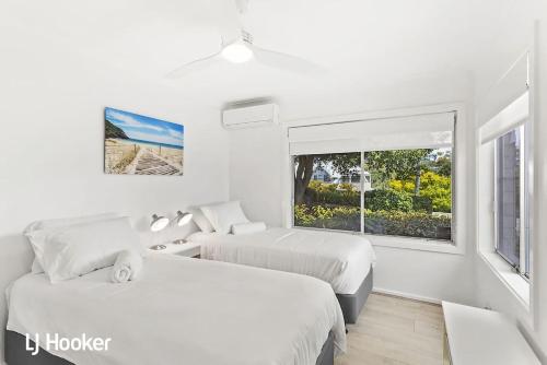 Duas camas num quarto branco com uma janela em Osprey Waterfront Reserve Nelson Bay em Nelson Bay