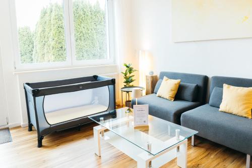 a living room with a couch and a tv at HEIMATEL - Suiten, Apartments und Studios in Scheidegg