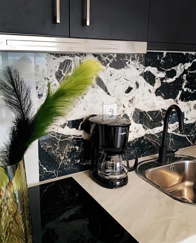 a kitchen counter with a mixer and a sink at Enigma Boutique Houses Vraxos in Marmarion
