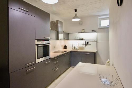 une cuisine avec des placards gris et un comptoir blanc dans l'établissement Svůj vlastní soukromý ráj-nájem apartmánu v Berouně!, à Beroun