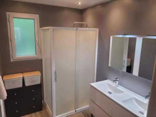 une salle de bain avec un lavabo, une douche et un miroir dans l'établissement Maison cocooning près du centre d'Avignon, à Avignon