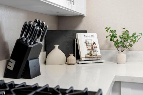a kitchen counter with a knife block and books at Designer Apt w Jacuzzi Walk To Casino & iMax in Sparks