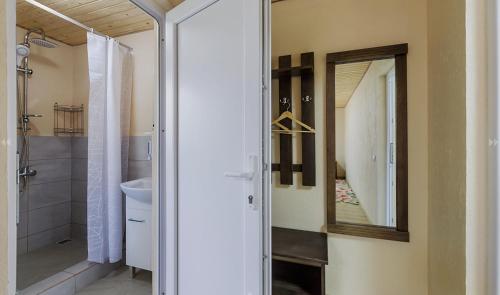 a bathroom with a mirror and a sink at Ранчо Офре in Solotvyno