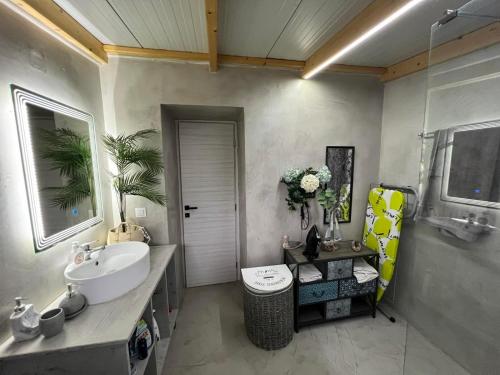 a bathroom with a sink and a toilet and a mirror at Attic View in Loutsa