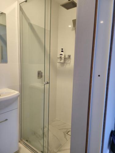 a shower with a glass door in a bathroom at T&V Suites in Windsor