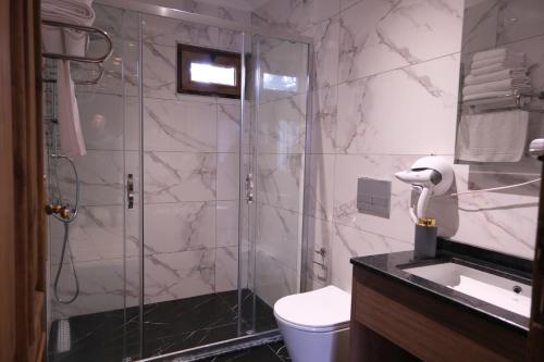 La salle de bains est pourvue d'une douche, de toilettes et d'un lavabo. dans l'établissement Uludag Orman Koskleri, à Uludag