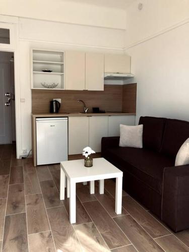 ein Wohnzimmer mit einem Sofa und einem Tisch in der Unterkunft Studio refait neuf Centre-ville in Nizza