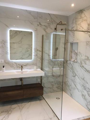 une salle de bain avec un lavabo et une douche avec un miroir dans l'établissement Villa Alandra, à Pietrosella