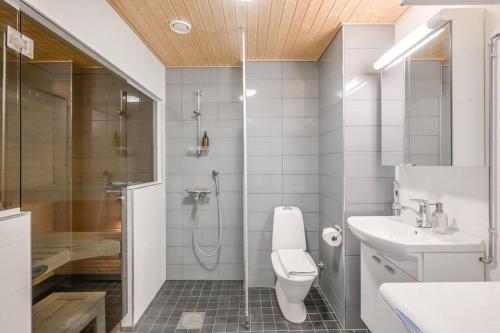 een badkamer met een douche, een toilet en een wastafel bij Kotimaailma Joensuu - Saunallinen kolmio keskustassa in Joensuu