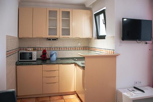 a small kitchen with wooden cabinets and a microwave at Apart-hotel Villa Lav in Tivat