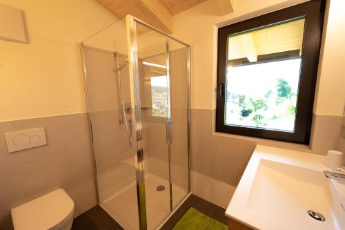 a bathroom with a shower and a toilet and a window at Sunnegg in Bressanone