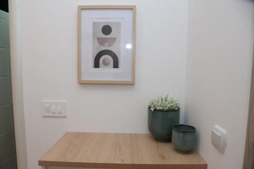 a table with a plant and a picture on a wall at Dino & Gorge Apartments in Gevgelija