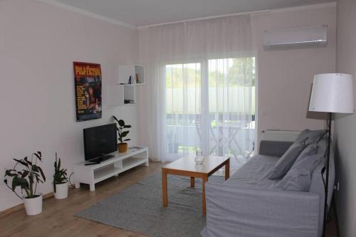 a white living room with a couch and a tv at Apartment next to the river in Budapest