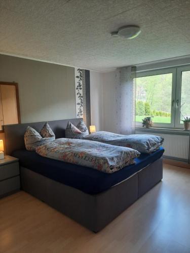 a large bed in a bedroom with a large window at Ferienwohnung Bouma in Helminghausen