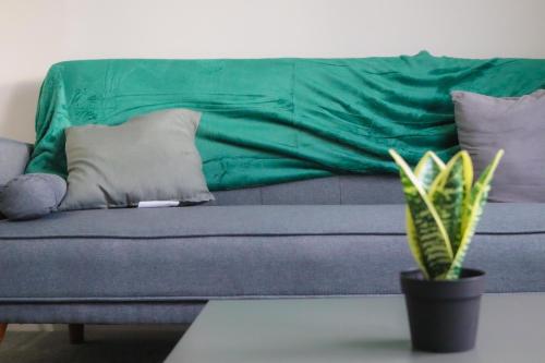 um sofá com uma capa verde numa sala de estar em Leadenflower Apartment em Crieff