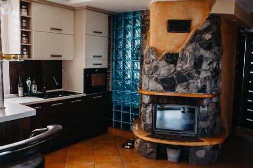 eine Küche mit einem Kamin und einem TV in der Unterkunft Rydzewo BRZOZOWA 9 in Rydzewo