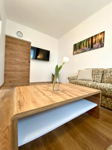 a living room with a wooden coffee table at Siriuskogel im Zentrum von Bad Ischl in Bad Ischl
